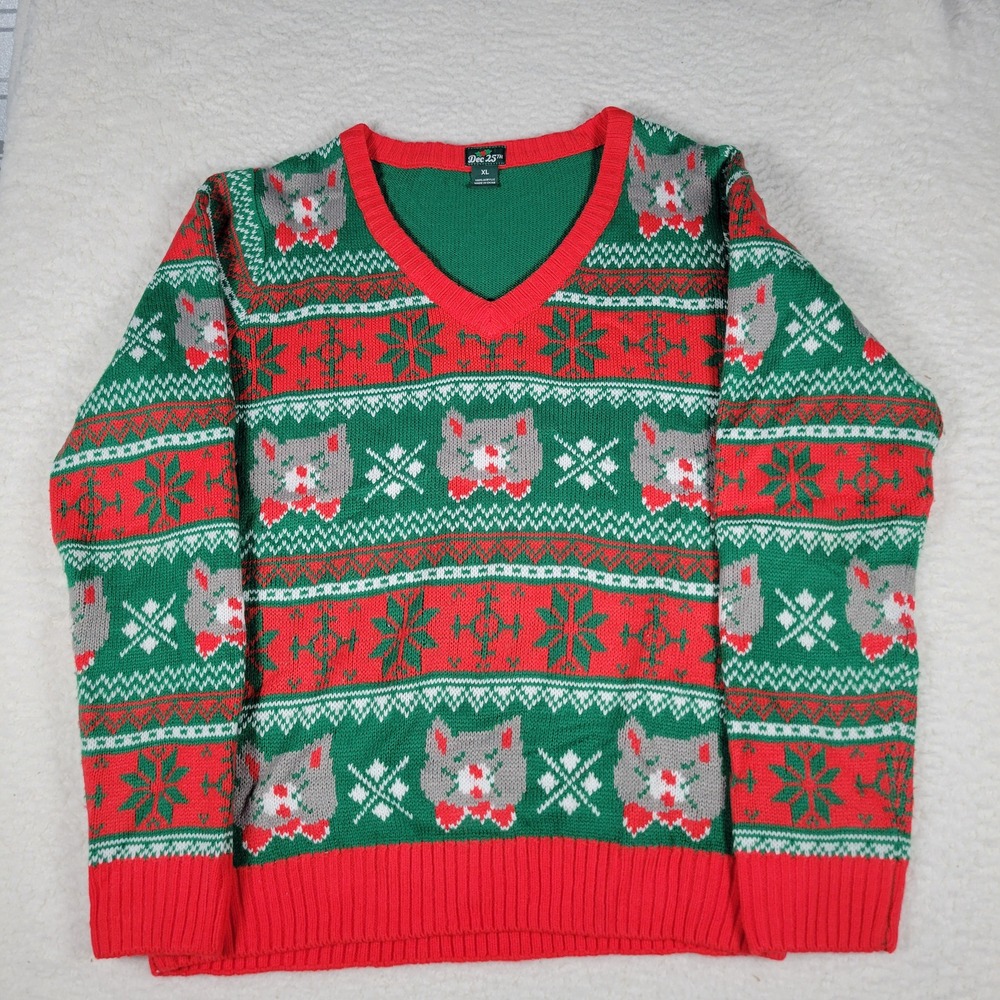 Dec 25th Ugly Christmas Sweater‎ Womens XL Green Red Cat Fair Isle V-Neck Knit